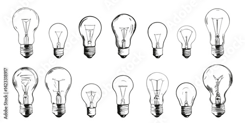 Sketch light bulbs isolated on white background. Doodle lights elements, hand drawn lighting glass bulb. New idea symbols, vector bundle