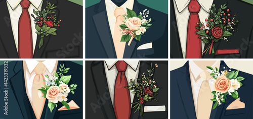 Wedding mens boutonniere on suit. Floral boutonnieres with ivory white red flowers. Beautiful marriage tradition for male outfit, romantic vector cards