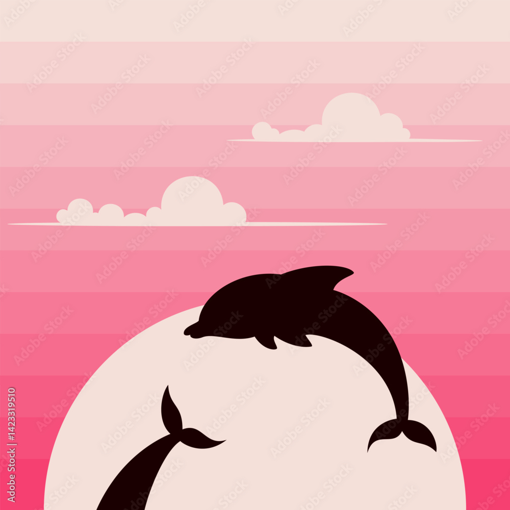 Naklejka premium dolphins silhouette on sunset