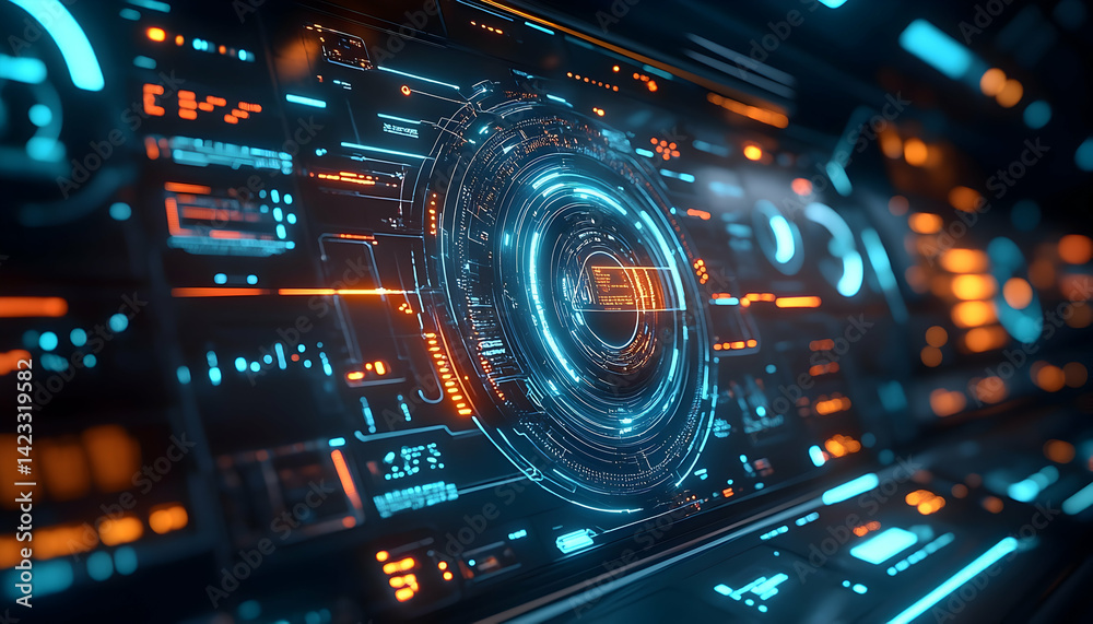Futuristic digital interface glowing blue orange user hud system display Futuristic digital interface glowing blue orange user hud system display