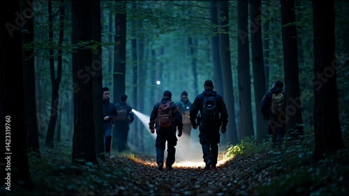 Silhouettes of police in the forest, search for missing persons in the forest, police and volunteers with flashlights in the forest