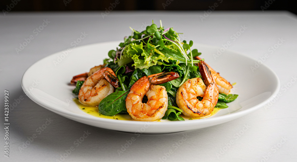 Grilled Shrimp Salad Served On White Plate With Green Salad and Microgreens Freshly Prepared for a Gourmet Meal Grilled Shrimp Salad Served On White Plate With Green Salad and Microgreens Freshly Prepared for a Gourmet Meal