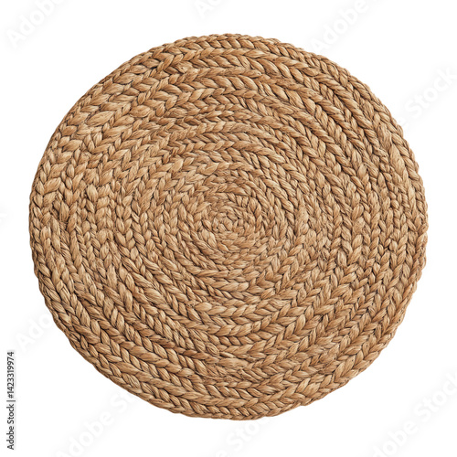 Woven round jute rug placement home interior decorative accessory cozy atmosphere top view