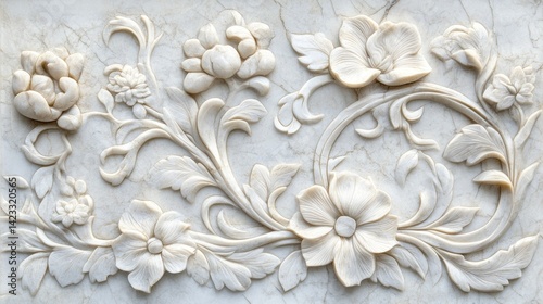 Ornate floral bas-relief carving on light beige marble
