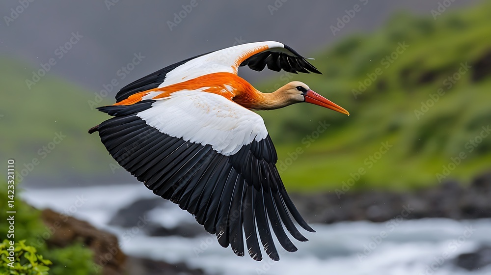 Majestic oriental stork soars gracefully over rugged terrain, showcasing its brilliant plumage Majestic oriental stork soars gracefully over rugged terrain, showcasing its brilliant plumage
