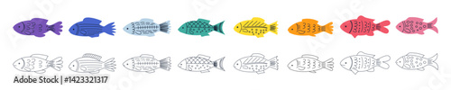 Fish icon set. Colored and outline icons strong fish. Minimalist modern vector drawing scandinavian design. Children's vector illustration sea fish ocean