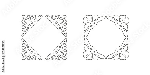 Set of black vector line botanical frames in naive style with decorative corners on a white background