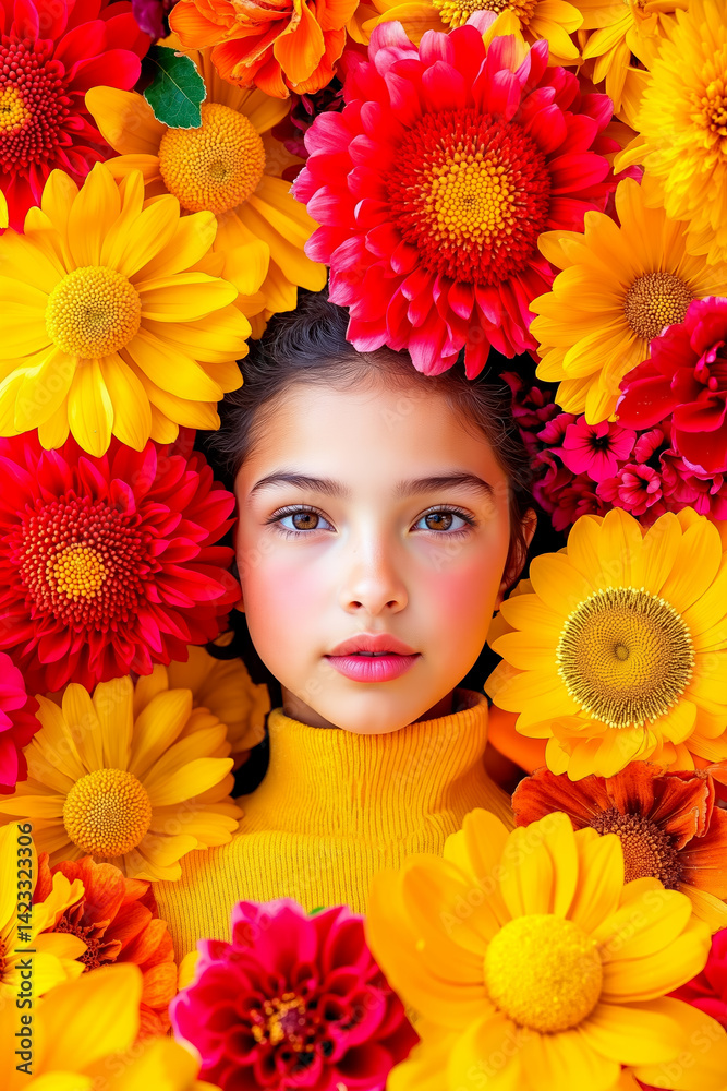 A young girl surrounded by a bunch of flowers A young girl surrounded by a bunch of flowers