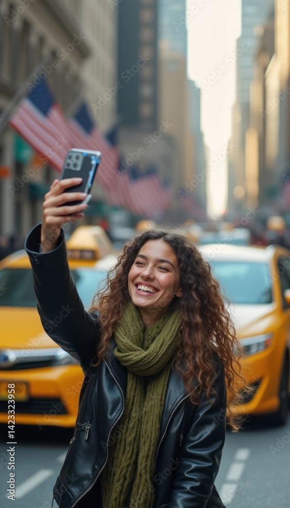 Fototapeta premium A cheerful young woman with curly hair smiles brightly as she captures a selfie amidst a vibrant city backdrop filled with yellow taxis and American flags. Her stylish black leather jacket and cozy