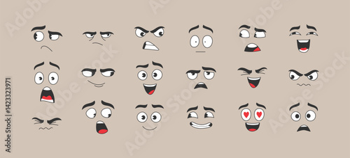 Hand drawn retro cartoon face illustration. Retro cartoon mascot characters funny faces. 50s, 60s old animation eyes and mouths elements. Vintage comic smile for logo vector set