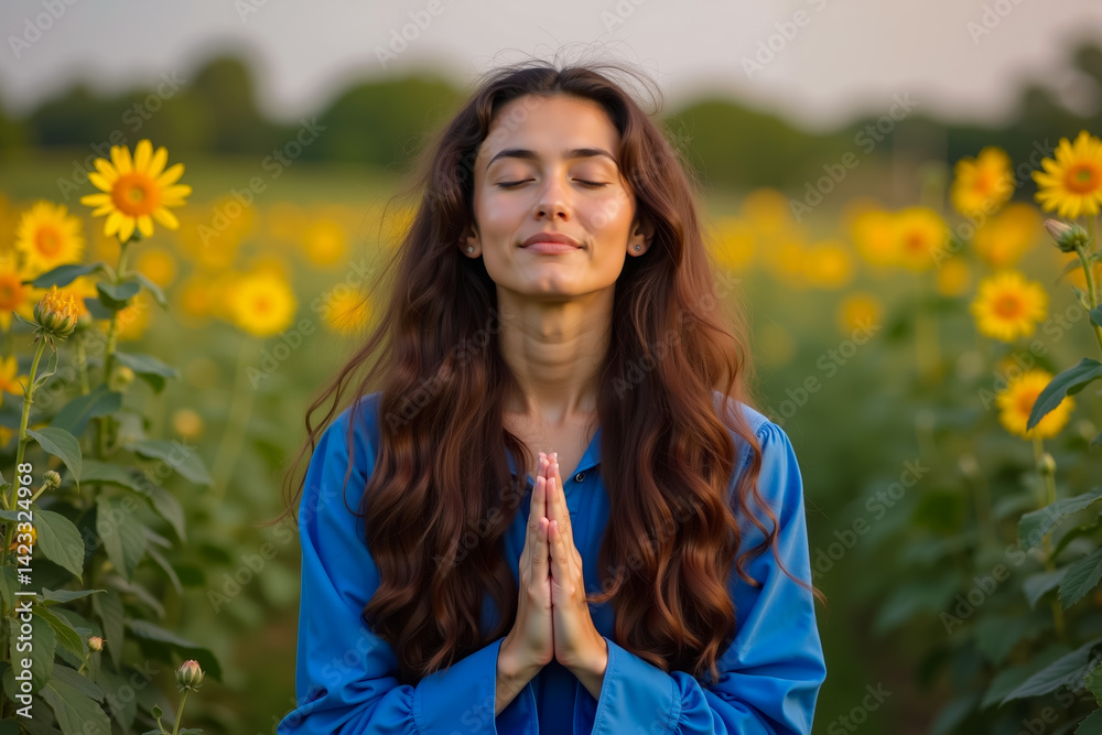 A woman in a field of sunflowers with her eyes closed and hands clasped together A woman in a field of sunflowers with her eyes closed and hands clasped together