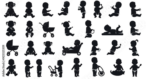 Vector Illustration of Baby and Toddler Silhouettes in Various Poses