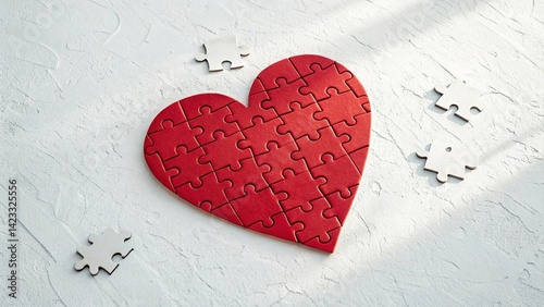 Red heart-shaped puzzle with missing white pieces on textured white surface in soft light. Concept of love, healing and emotional completeness
