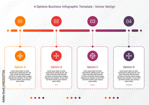 4 options business infographic template, theme of rounded corner rectangular frame with dash line, also with number and text frame