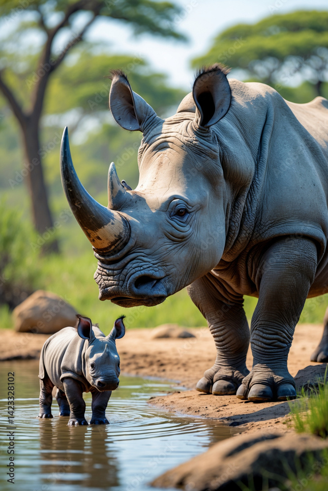Fototapeta premium rhino with little cub in the wild