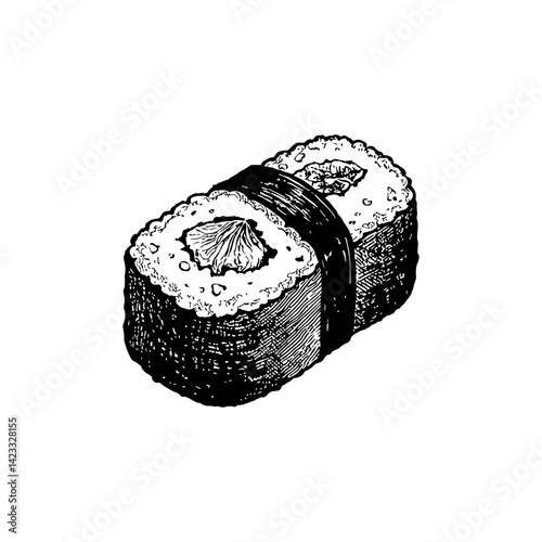 Vector engraving style illustration of a Sushi Roll