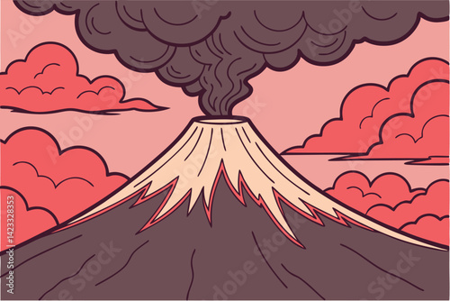 Digital Illustration of a Volcanic Eruption Explosive Lava and Smoke Scene