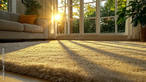 Sunlight streams through large windows illuminating a cozy living room with soft carpet and warm decor