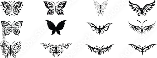 Elegant black butterfly tattoo designs collection featuring tribal, floral, and abstract styles. Perfect for body art, temporary tattoos, or creative ink inspiration. 