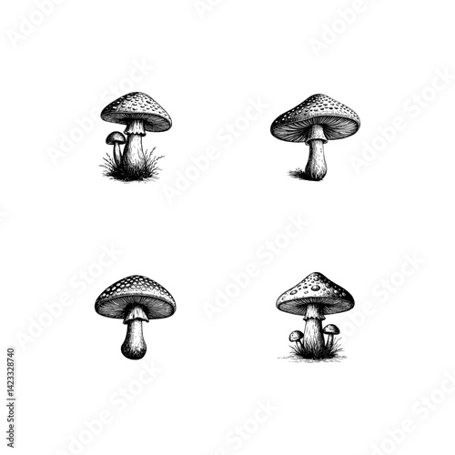 Vector engraving style illustration of a Toadstool