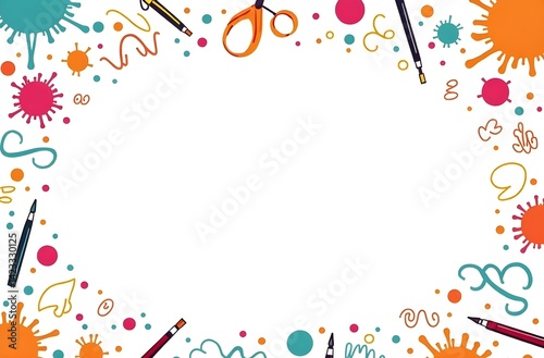 Playful art background with doodle elements, splashes of paint, question marks, and pencils around the edge forming a fun and colorful creative frame