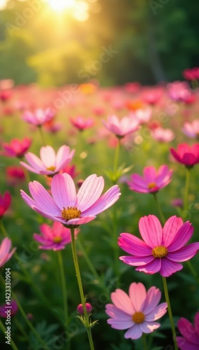 Cosmos flower field, sunlit petals and green foliage , vibrant, garden, botany