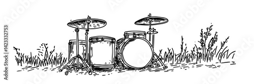 hand drawn drum set in grass black and white vector