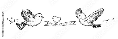 romantic birds with heart and ribbon – love themed decorative ink sketch