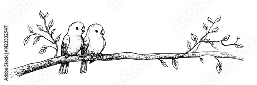 two lovebirds on a branch – romantic line art illustration with nature elements