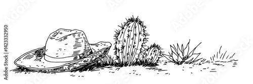 cowboy hat and desert cacti – rustic wild west sketch illustration