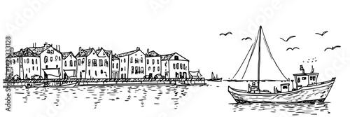 fishing boat near coastal town – mediterranean seaside sketch illustration