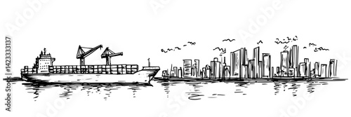 cargo ship approaching city skyline over water doodle sketch vector