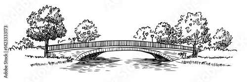 scenic park bridge over river with trees – peaceful landscape line illustration
