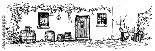 rustic house facade with barrels windows and vines vector