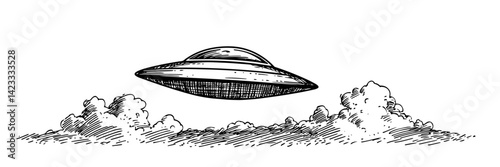 ufo flying above clouds hand drawn vector illustration in black and white
