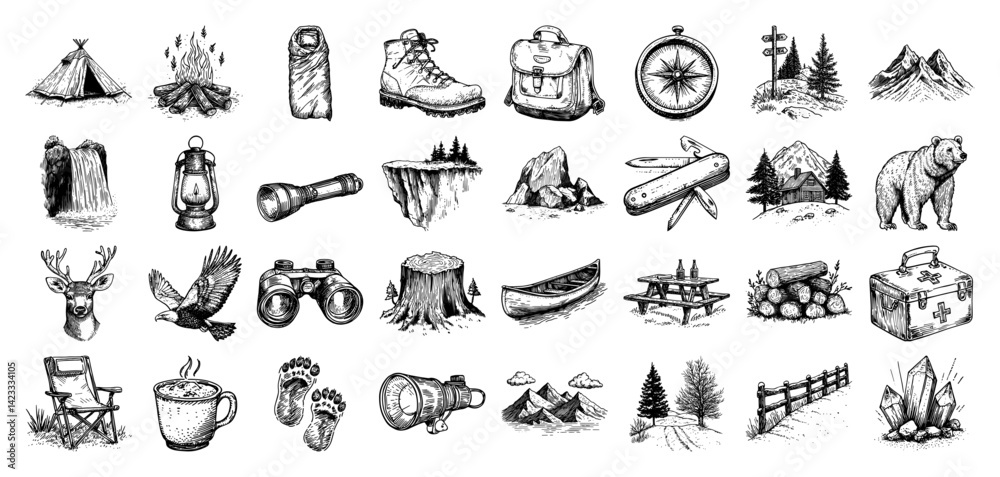 Naklejka premium camping and outdoor icons including tent, boots, compass, bear, lantern, canoe, and backpack vector doodle style