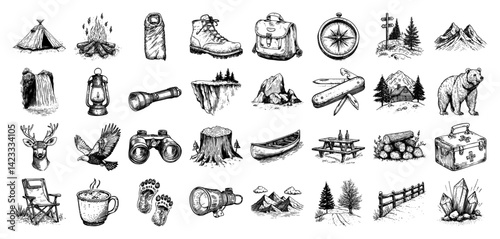 camping and outdoor icons including tent, boots, compass, bear, lantern, canoe, and backpack vector doodle style