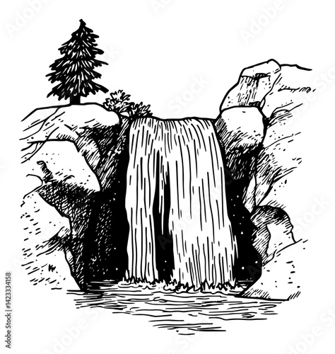 waterfall in rocky landscape hand drawn vector illustration in black and white