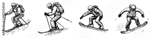 skiers and snowboarders in action, extreme winter sports hand drawn illustration