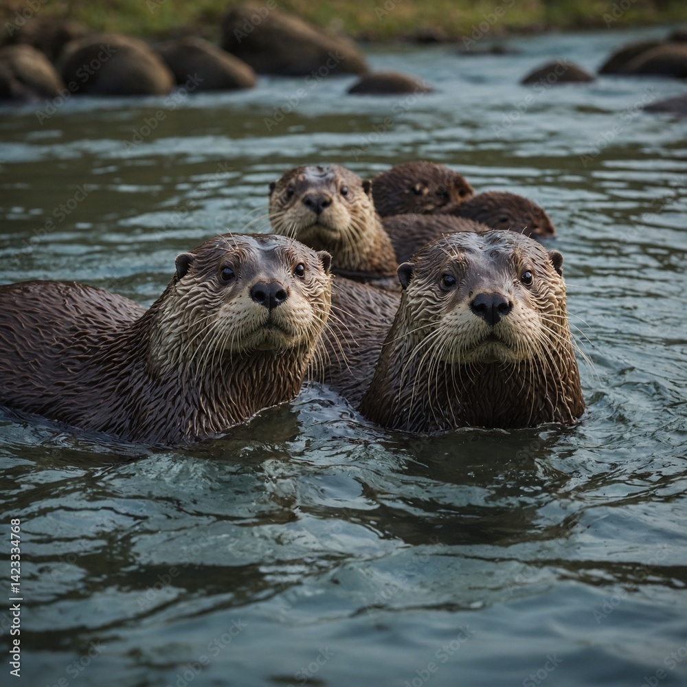 Otters Floating in a River. Otters Floating in a River.