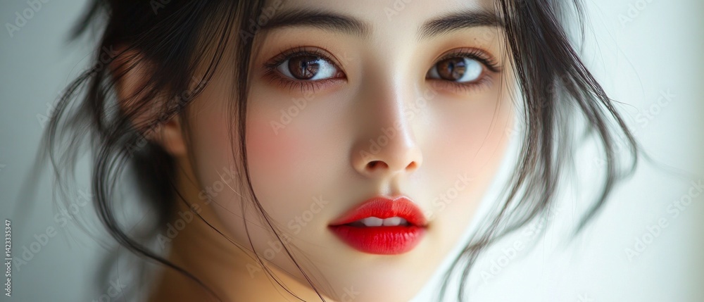 Fototapeta premium Portrait of a woman with bright makeup, looking at the camera. Ideal for beauty blogs, cosmetics ads, magazine covers.