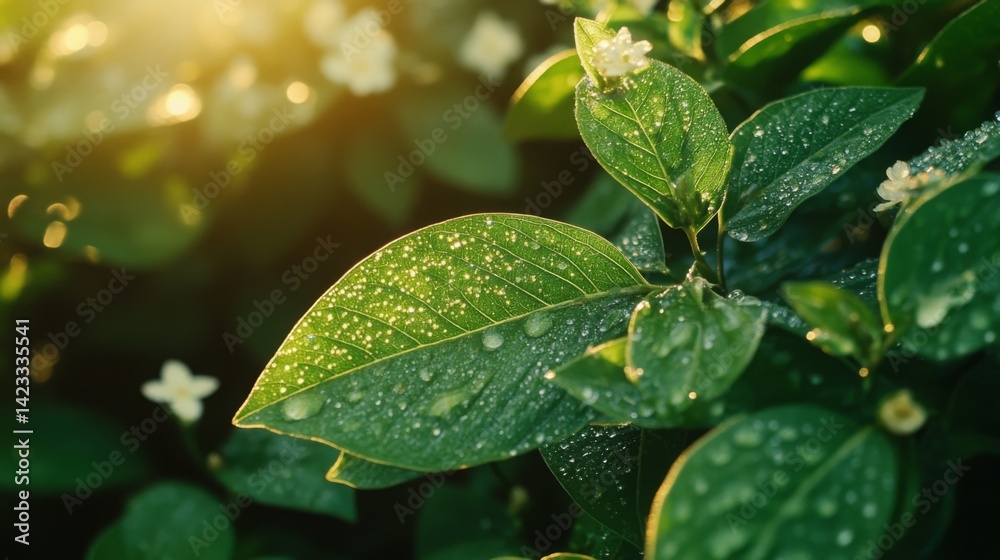 Early morning dew on lush green leaves illuminated by sunlight in a tranquil garden setting Early morning dew on lush green leaves illuminated by sunlight in a tranquil garden setting
