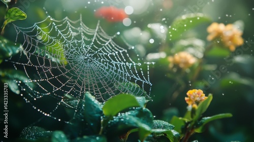 Morning dew glistens on a spider web adorned with droplets amidst vibrant flowers in a garden