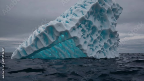 Iceberg drifting on ocean under overcast sky