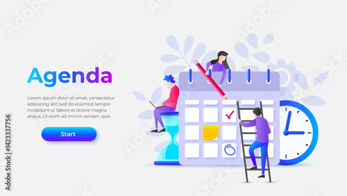 Illustration of individuals organizing a calendar, planning schedules, and collaborating. Includes a clock, symbols of teamwork. Suitable for themes of organization and time management