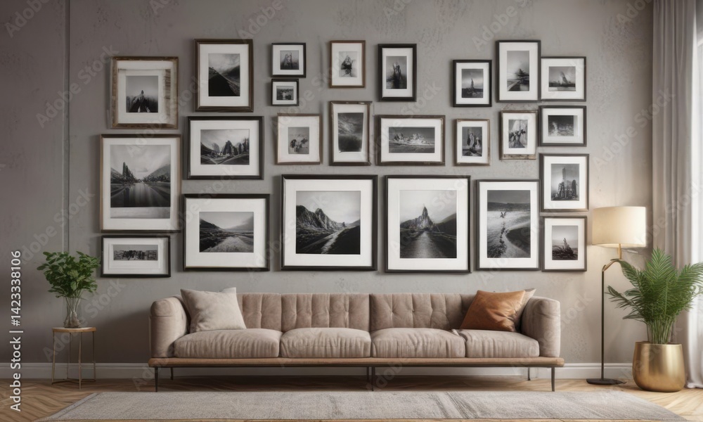Fototapeta premium Chic gallery wall; diverse frame sizes, modern decor, top view, assorted frames, mockup