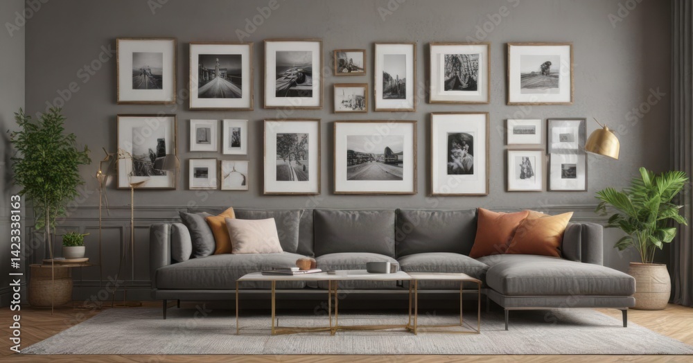 Chic living room, empty picture frames gallery wall, diverse styles and artwork displayed, home accessories, wall art