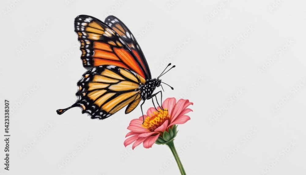 Obraz premium A simple sketch of a butterfly landing on a flower stem.