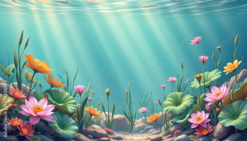 A tranquil underwater scene with soft coloring and outlines highlighting lotus plants and blooms. A tranquil underwater scene with soft coloring and outlines highlighting lotus plants and blooms.