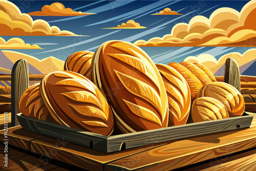 Freshly Baked Bread Loaves on wooden basket and tables at amazing sunset time